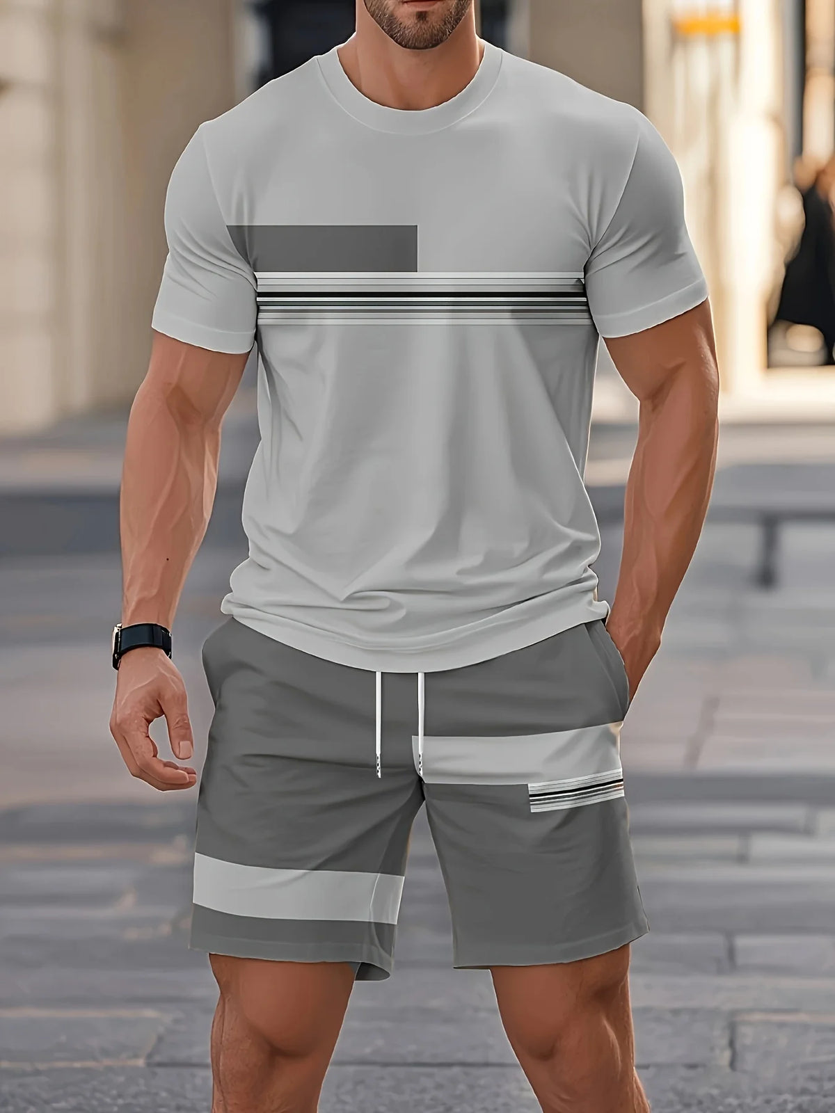 Men's Striped Short Sleeve T-Shirt & Drawstring Shorts Outdoor Travel Set
