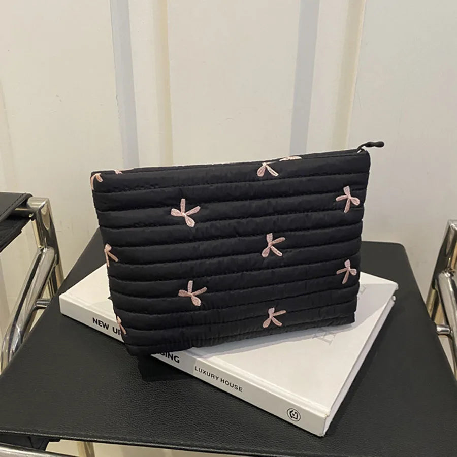 Cute Embroidery Bow Makeup Bag – Large Capacity Zipper Cosmetic & Wash Storage Bag