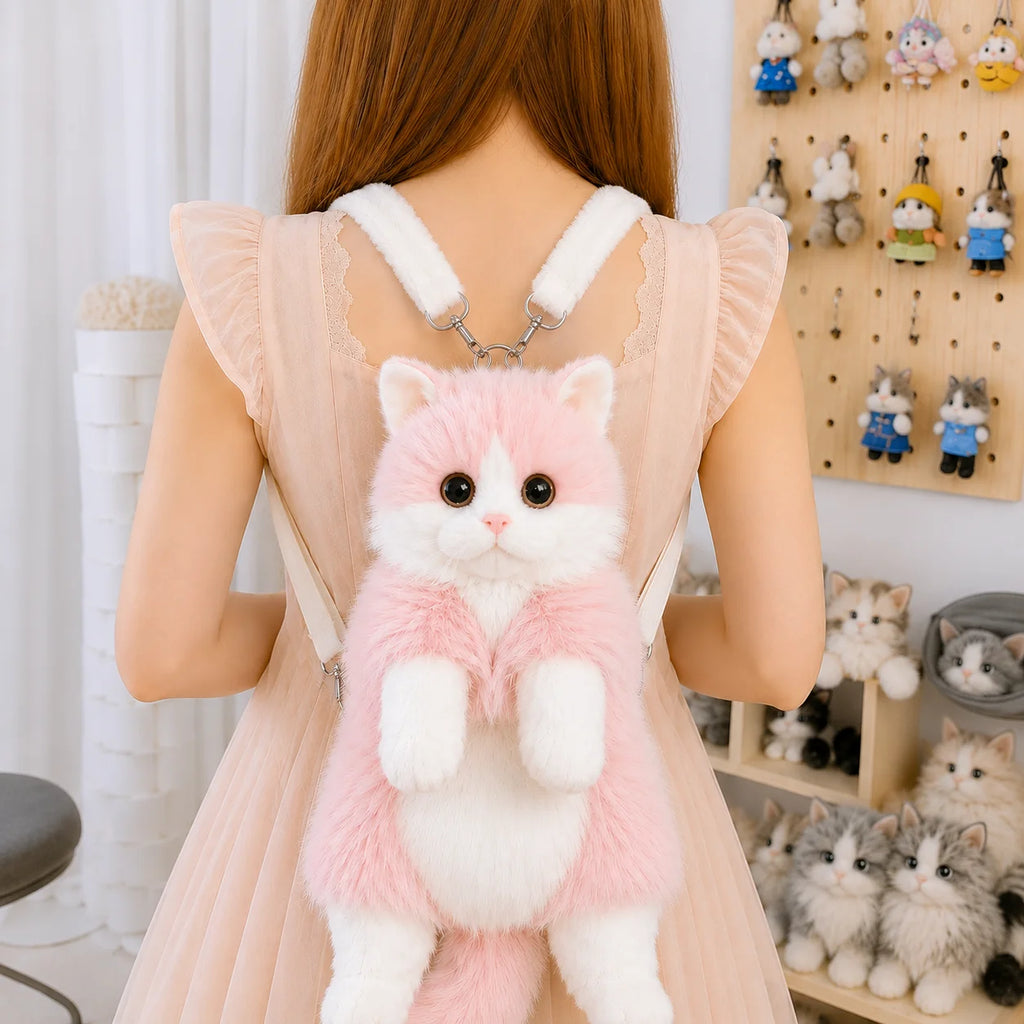 Cute Cat Backpack for Girls, Kawaii Plush Bag, Soft Animal Crossbody Bag for School, Travel & Daily Outfit