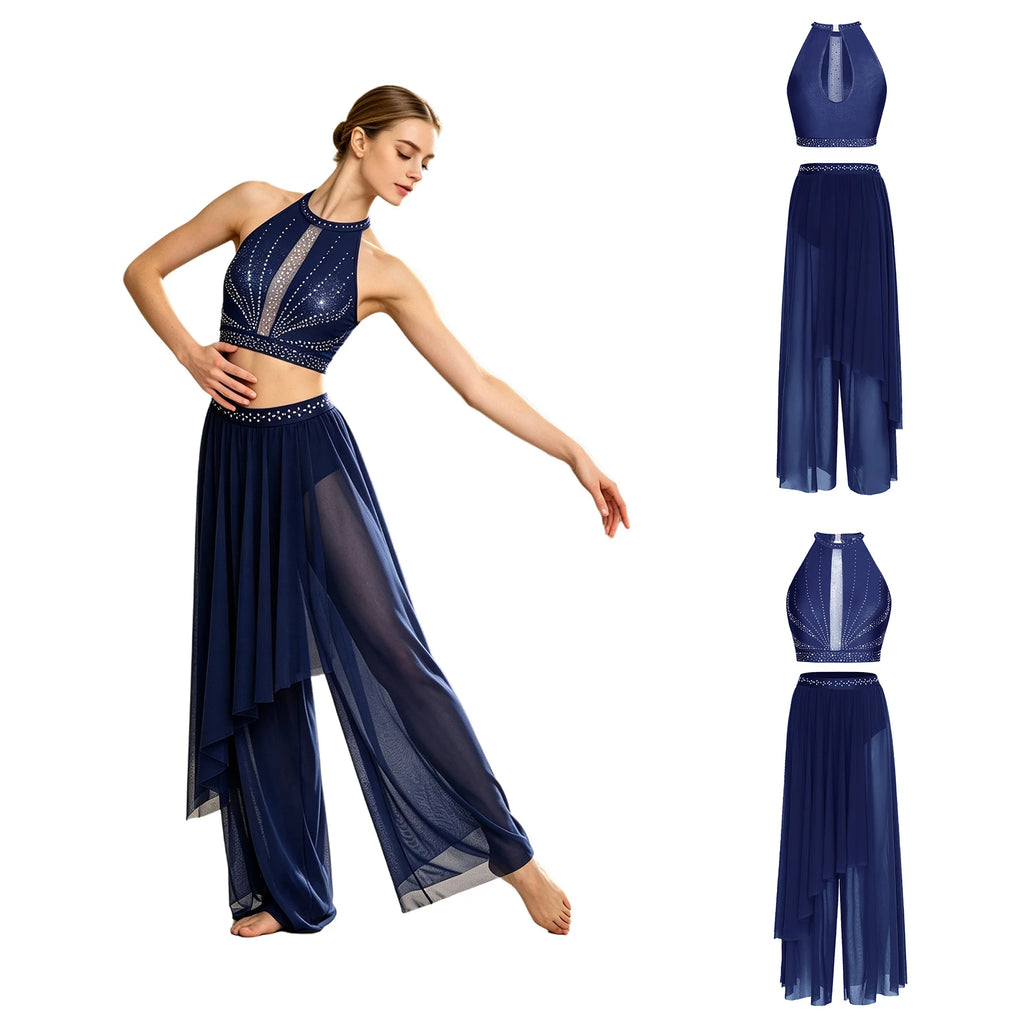Women's Dance Performance Costume – Shiny Crop Top & Sheer Pants for Skating, Gymnastics & Ballet