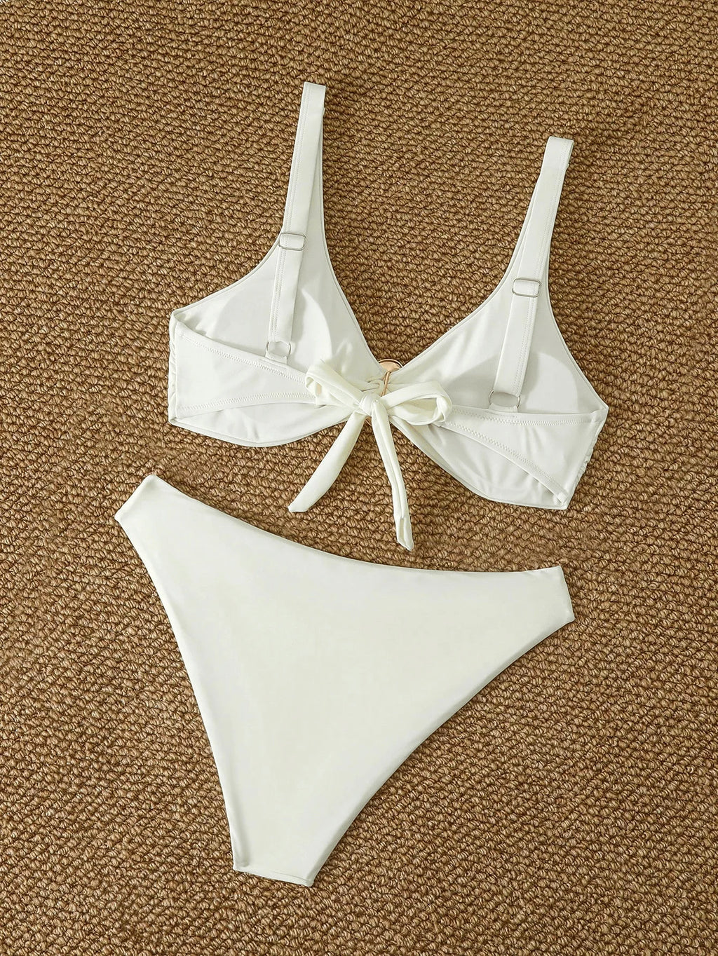 Sexy White Bikini Set 2026 | Metal Buckle, Pleated Push-Up Bra, Thong, Summer Bathing Suit