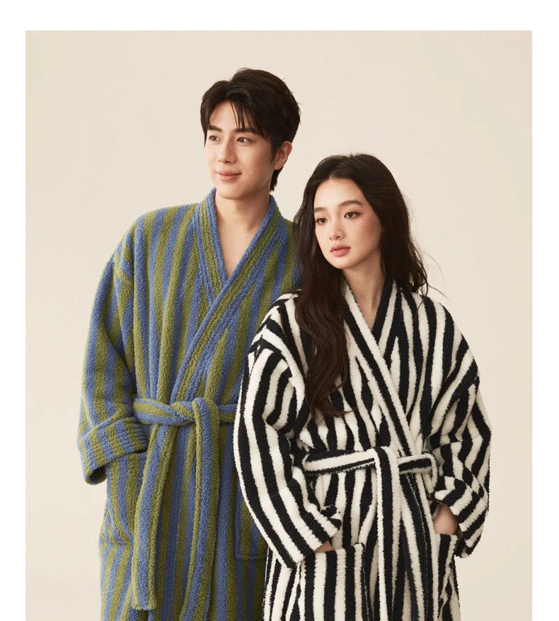 Women's Coral Velvet Striped Fleece Robe | Thick Plush Dressing Gown Loungewear