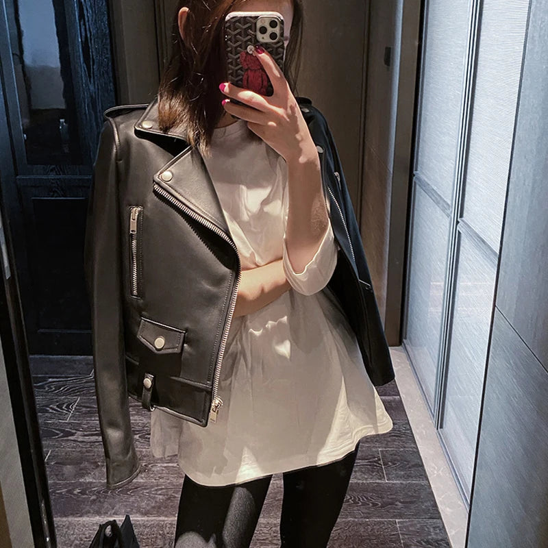 Women's Sheepskin Leather Jacket – Cropped Moto Style