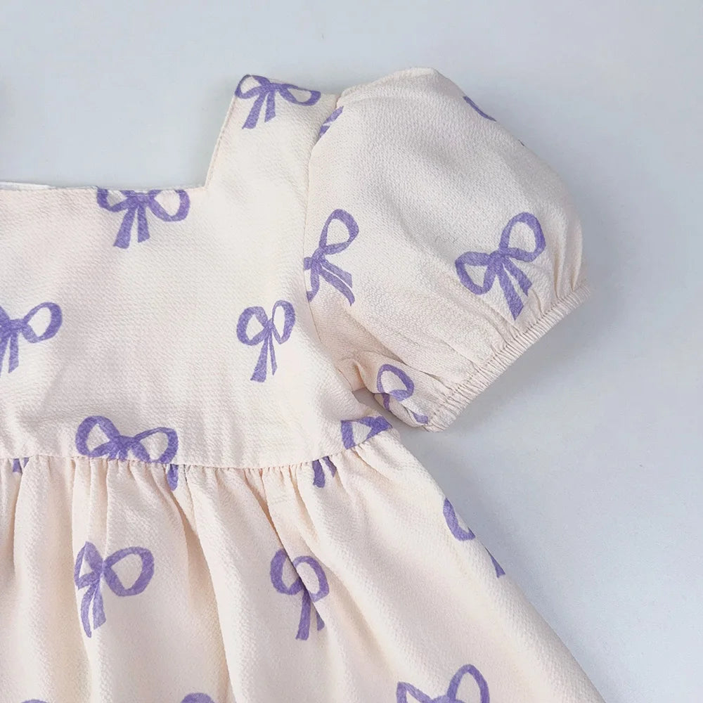 Bow Print Girls Casual Dress — Short Sleeve Sweet Summer Dress (3–7 Years)