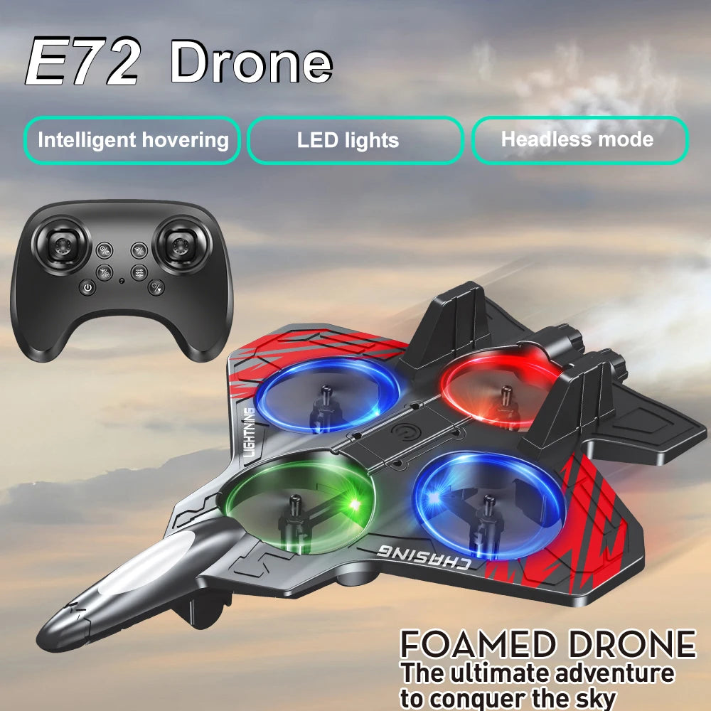 E72 Foam Stunt Drone Fighter – 2.4G Fixed Height Hover RC Aircraft with LED Lights & 360° Flip