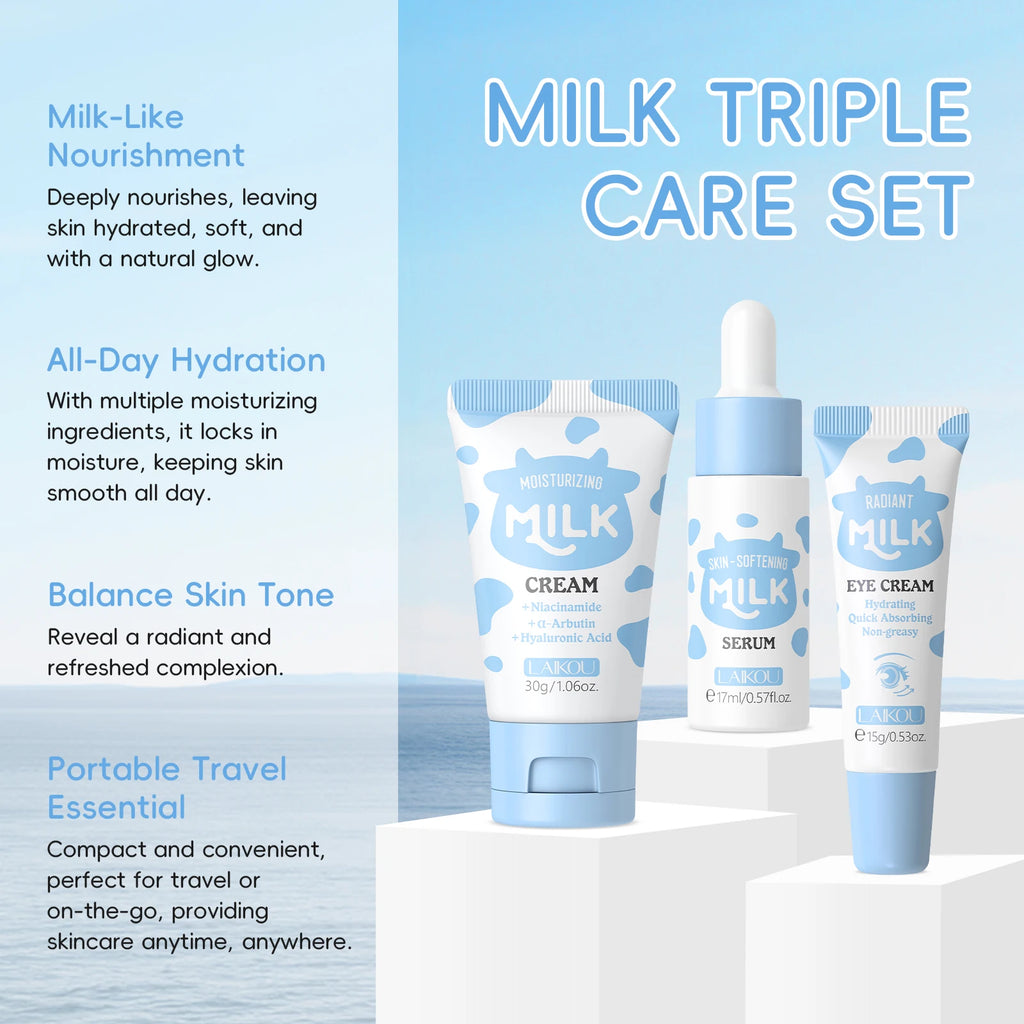 LAIKOU Milk Glowing Trio Skincare Set – Hydrating Serum, Eye Cream & Moisturizer