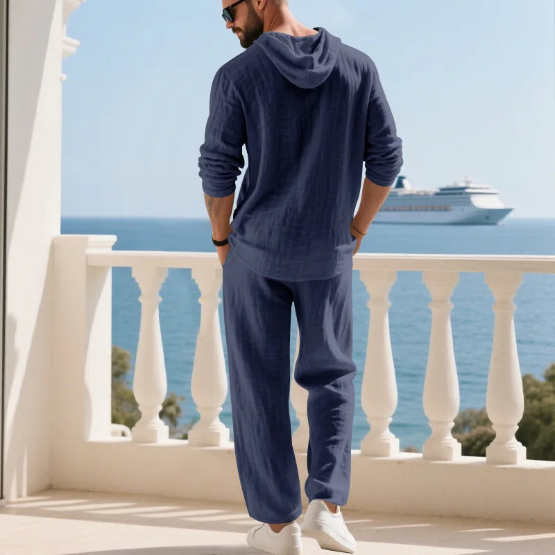 Men's Linen Casual Loose Hooded Henley Shirt & Long Pants Set – Relaxed Autumn 2-Piece Suit