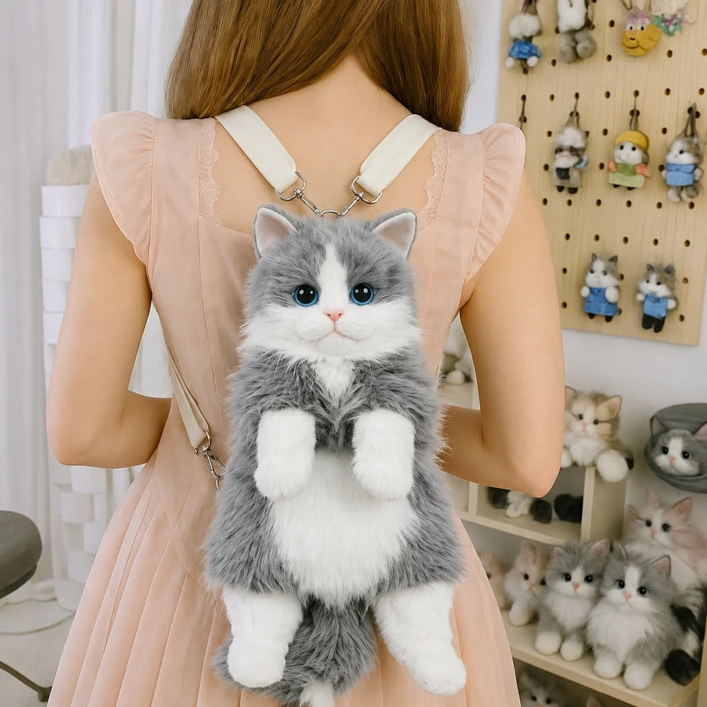 Cute Cat Backpack for Girls, Kawaii Plush Bag, Soft Animal Crossbody Bag for School, Travel & Daily Outfit