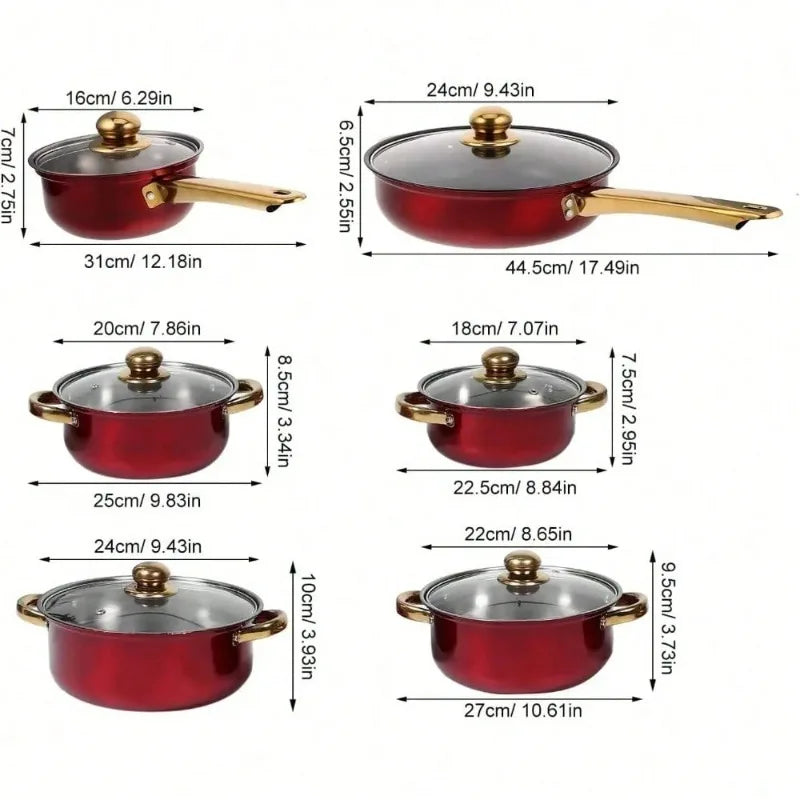 Nonstick Cookware Set – Wine Red with Gold Handles