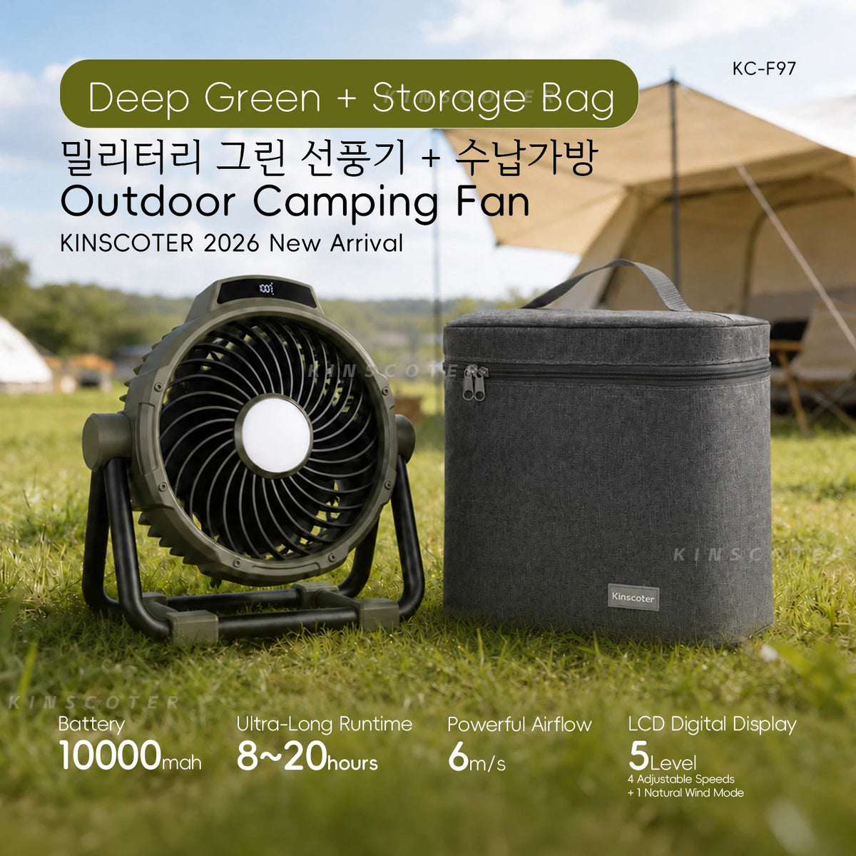 20000mAh 6-in-1 Outdoor Camping Fan – Rechargeable Wireless Tent Ceiling Fan with LED Light & Air Circulator