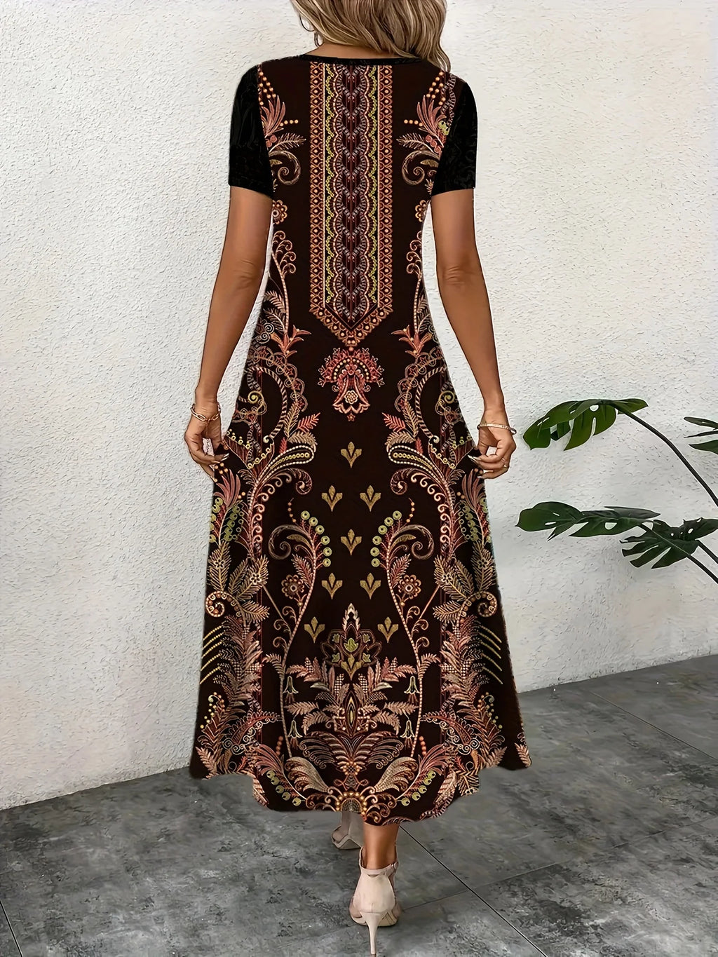Loose Casual Print A-Line Dress — Short Sleeve O-Neck Elegant Temperament Dress