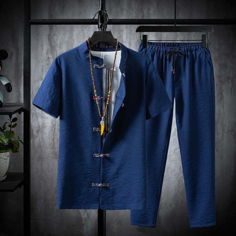 Men's 100% Cotton Linen Short Sleeve Shirt & Drawstring Pants Set