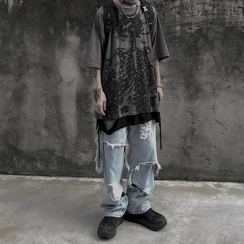 Men's Gothic Skull Oversized T-Shirt — Dark Anime Vintage Streetwear Tee
