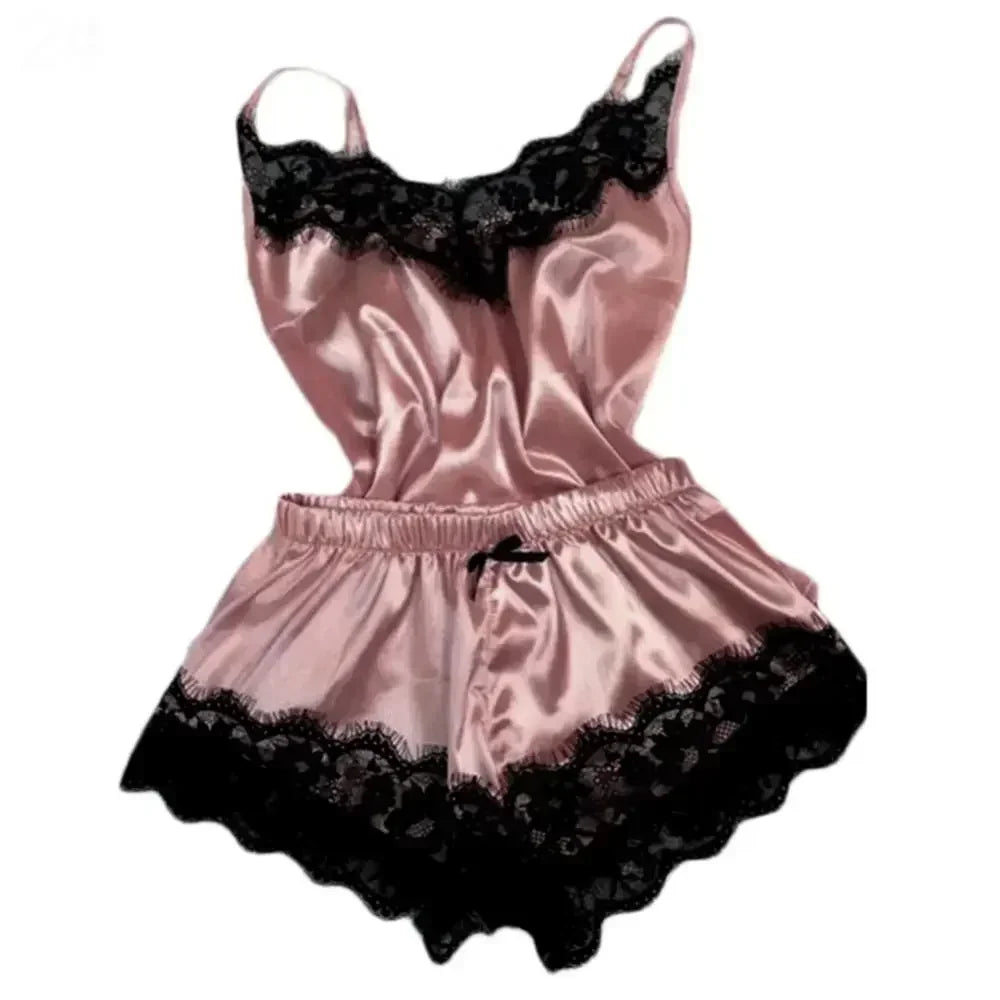 Women's Summer Lace Silk Pajama Set | Cami Top & Shorts Sexy Lingerie Sleepwear