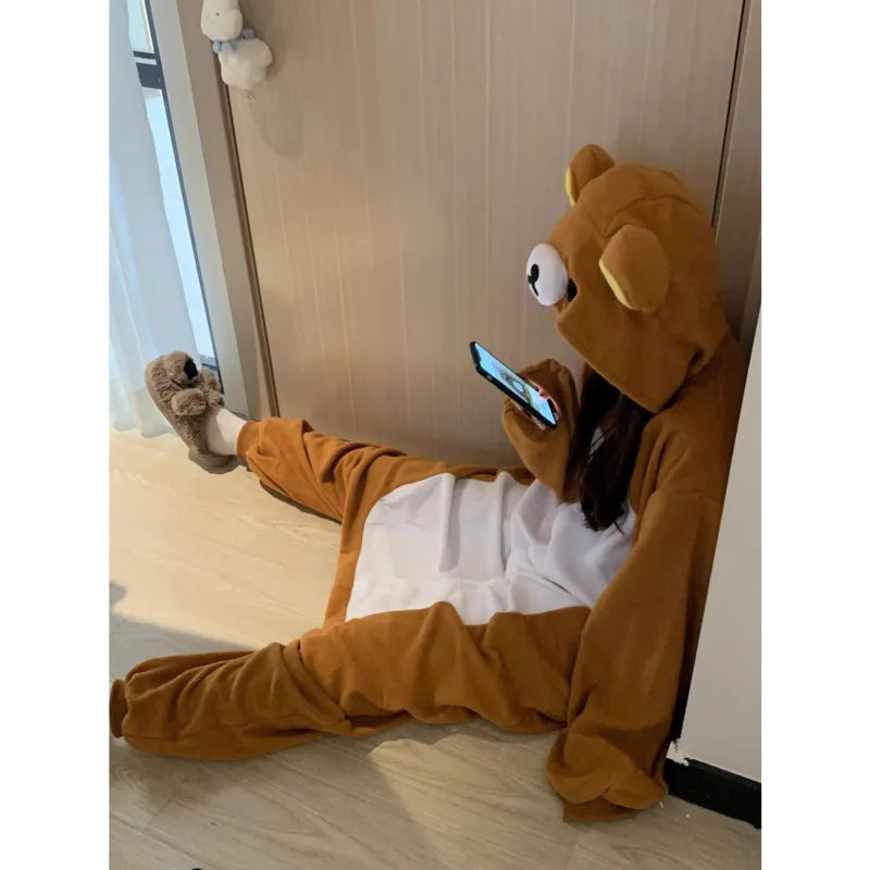 Women's Rilakkuma Bear Hooded Onesie Pajamas | Warm Cartoon Fleece Jumpsuit