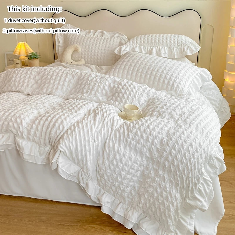Korean Seersucker Lace Duvet Cover Set – 3-Piece Bedding, 3 Colors & 10 Sizes