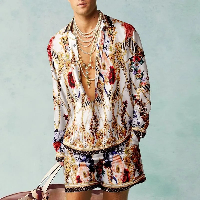 Men's Hawaiian Print Shirt & Drawstring Shorts Beach Vacation Set