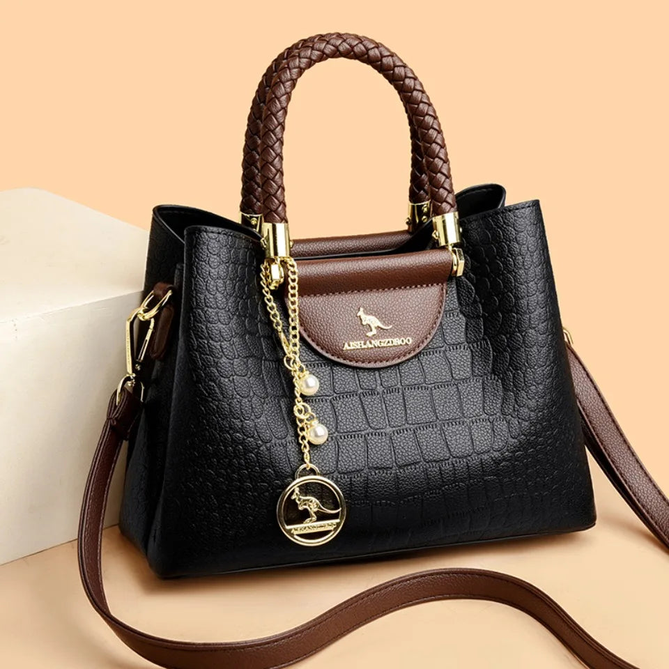 VANDERWAH Woven Handle Alligator Microfiber Leather Tote – Luxury Designer Shoulder Handbag for Women