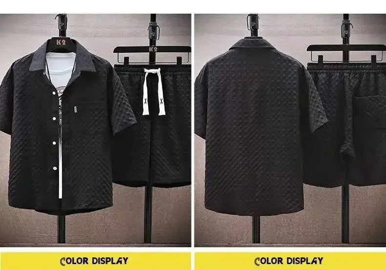 Men's Ice Silk Plaid Lapel Shirt & Shorts Set – Korean Luxury Casual Oversize 2-Piece