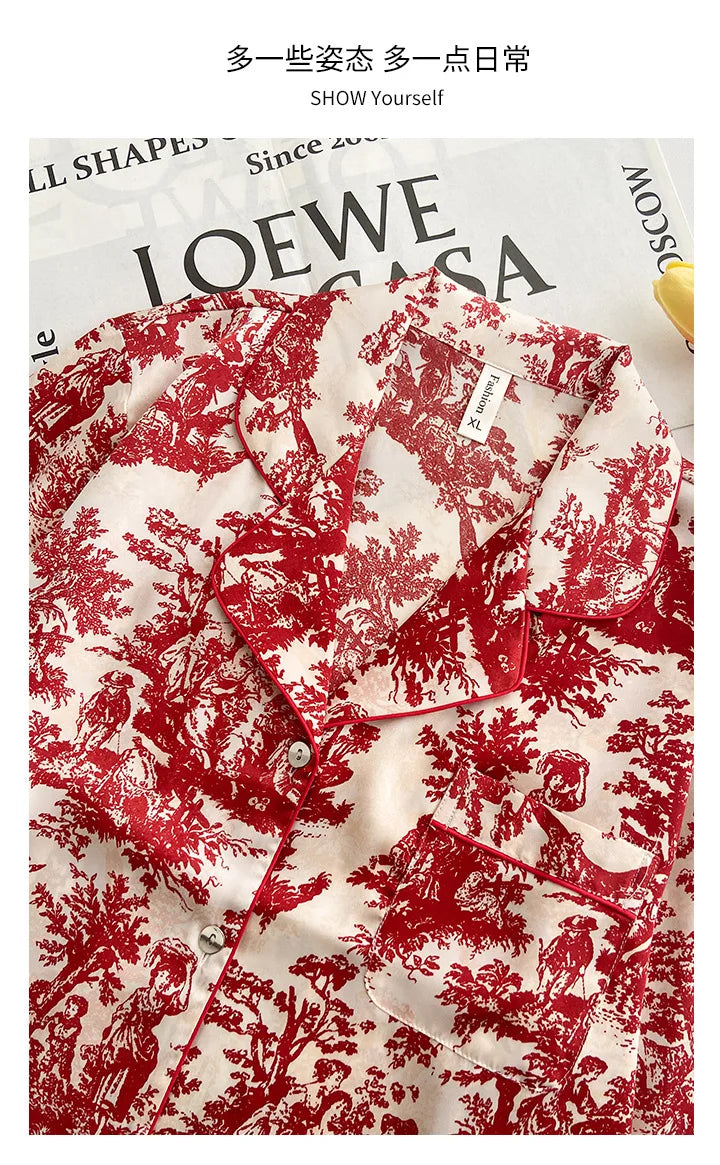 Women's Floral Print Satin 2-Piece Pajama Set | Loose Lounge Wear Homewear Suit