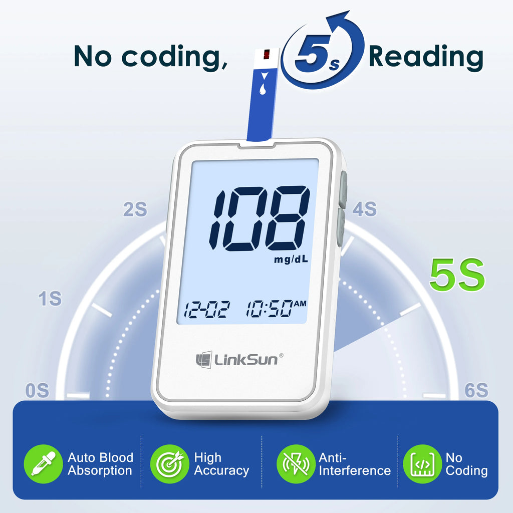 LinkSun G-425-2 Blood Glucose Meter Complete Kit – No Coding Glucometer with Test Strips & Lancets for Diabetes Monitoring