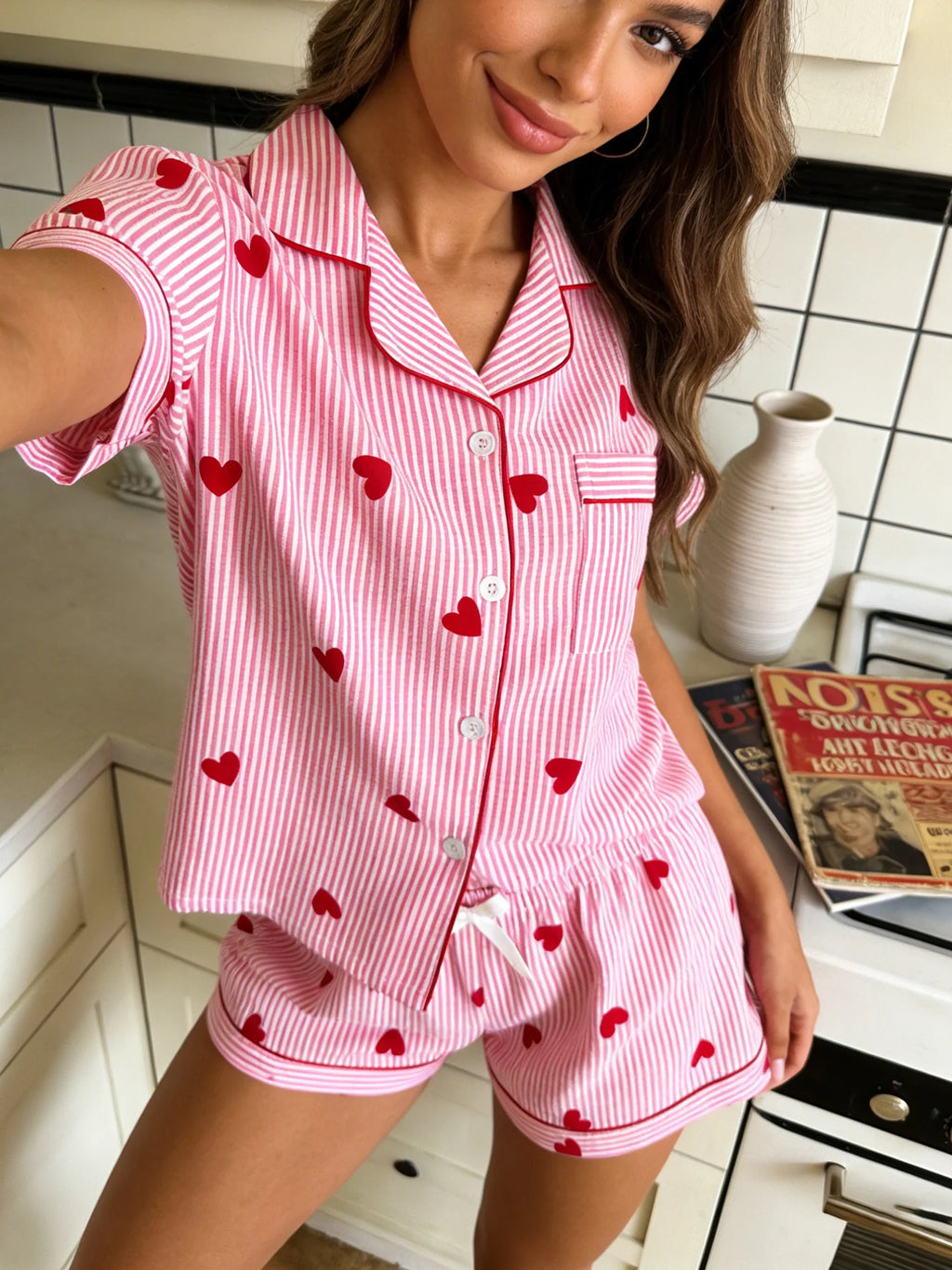 Women's Cardigan Lapel Pajama Set | Short Sleeve Shorts Sweet Pink Stripe Heart Print Loungewear