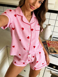 Women's Cardigan Lapel Pajama Set | Short Sleeve Shorts Sweet Pink Stripe Heart Print Loungewear