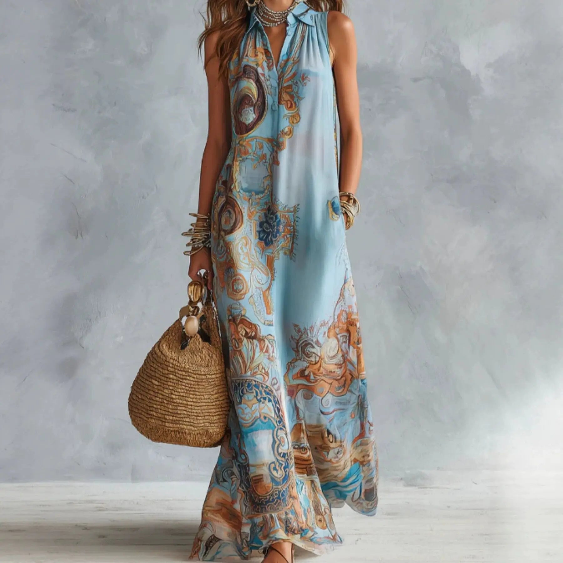 Sleeveless Digital Print Boho Maxi Dress — Turndown Collar Button-Down Casual Summer Dress