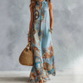 Sleeveless Digital Print Boho Maxi Dress — Turndown Collar Button-Down Casual Summer Dress