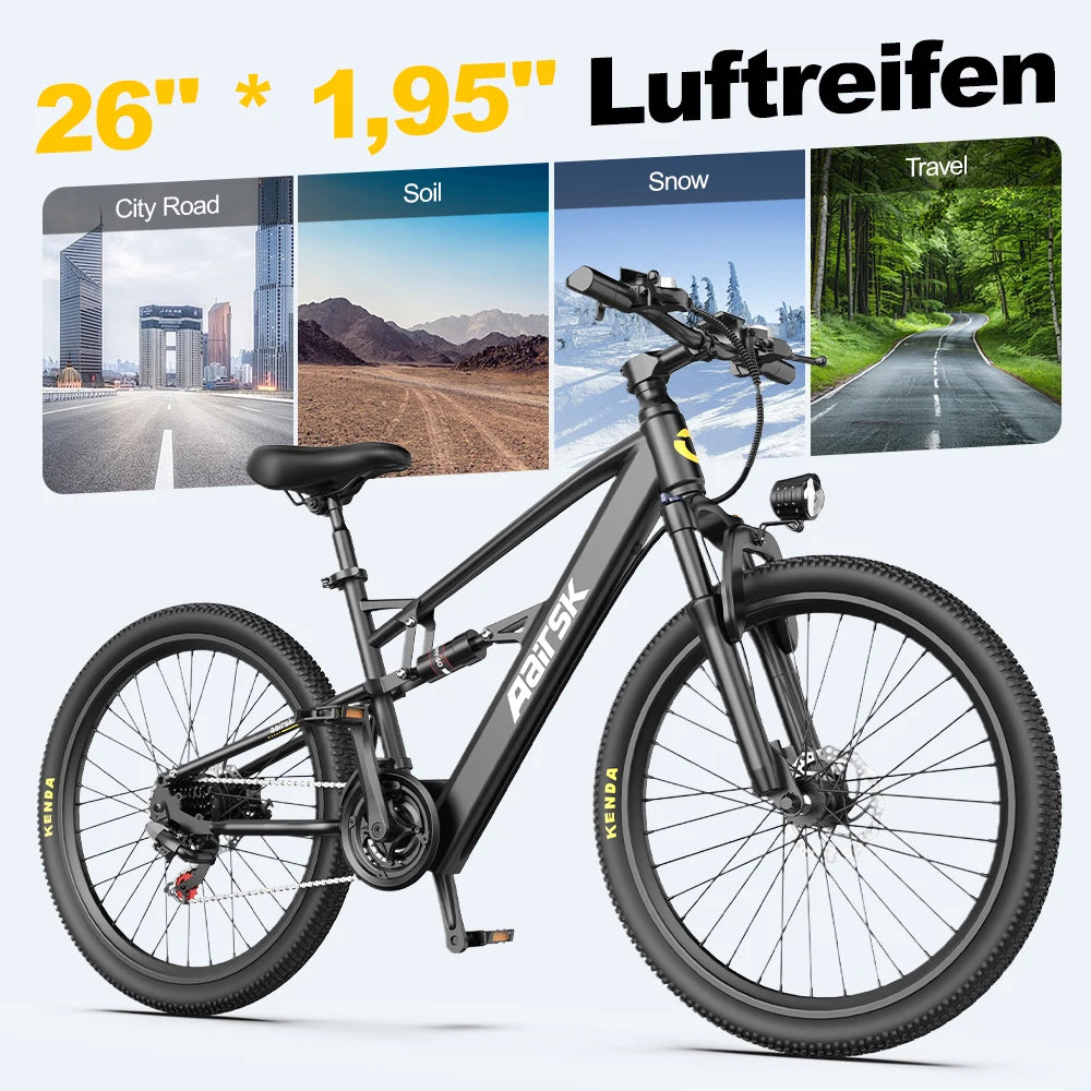 Aairsk 26" Electric City Bike — 36V 13Ah 21-Speed Dual Suspension Commuter E-Bike (US Warehouse)