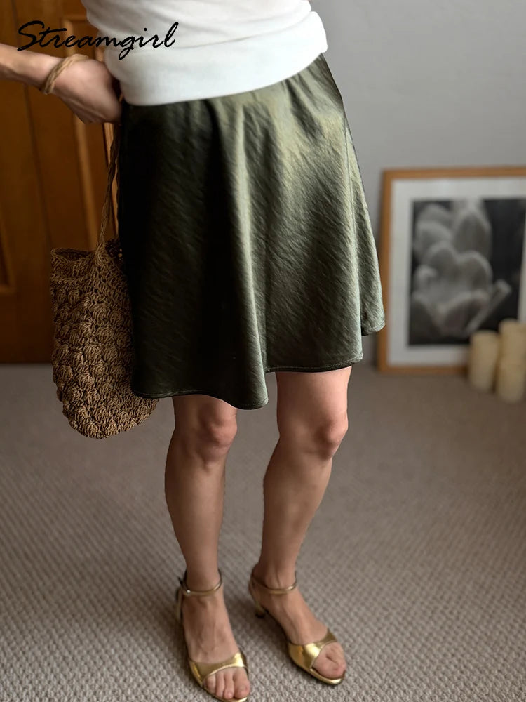 Women's Satin Mini Skirt – High Waist A-Line Luxury Office Wear in Black, Brown & Beige