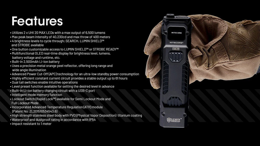 NITECORE EDC29 – 6500 Lumen USB-C Rechargeable EDC Flashlight with OLED Display & 2500mAh Battery