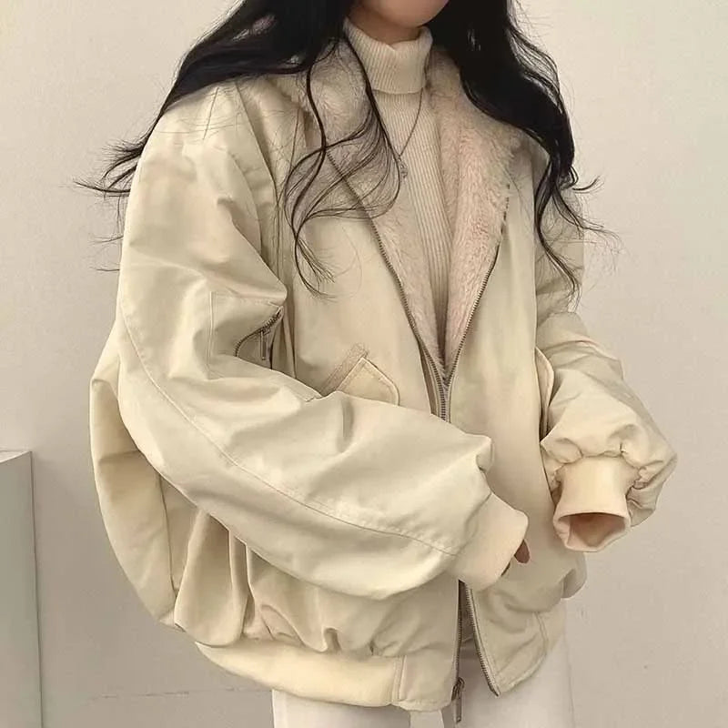Women's Hooded Fleece Parka – Thick Zip-Up Korean Loose Winter Coat