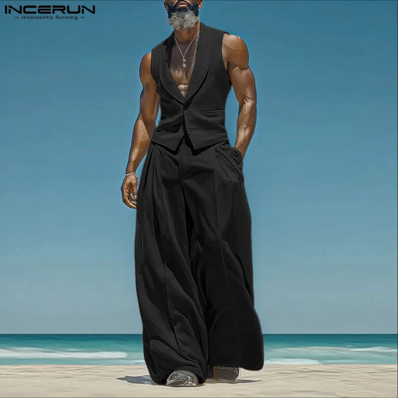 Men's Sleeveless Tank Top & Button-Fly Long Pants 2-Piece Set – Solid Color Streetwear
