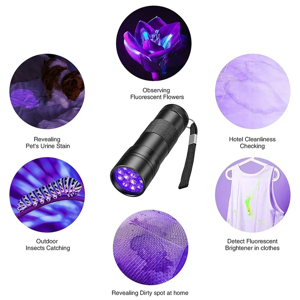 UV Blacklight Flashlight | 9/12 LED 395nm, Pet Urine & Stain Detector, Waterproof Aluminum, Batteries Not Included