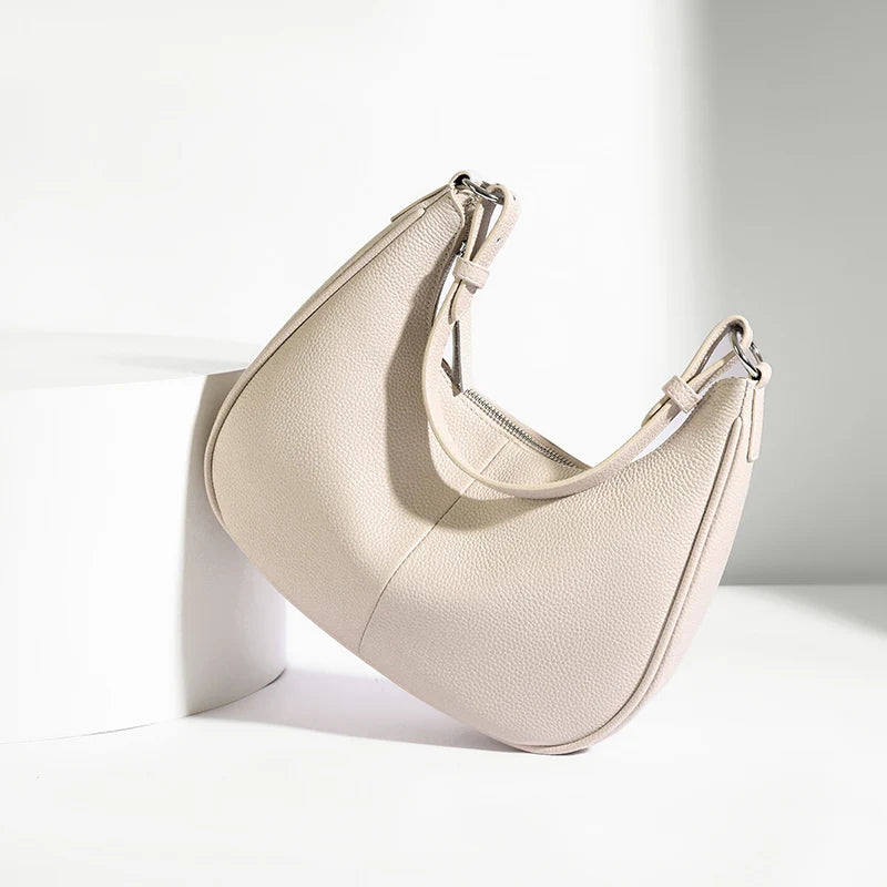 100% Genuine Cowhide Leather Half-Moon Underarm Tote Bag – Crossbody Shoulder Bag for Women