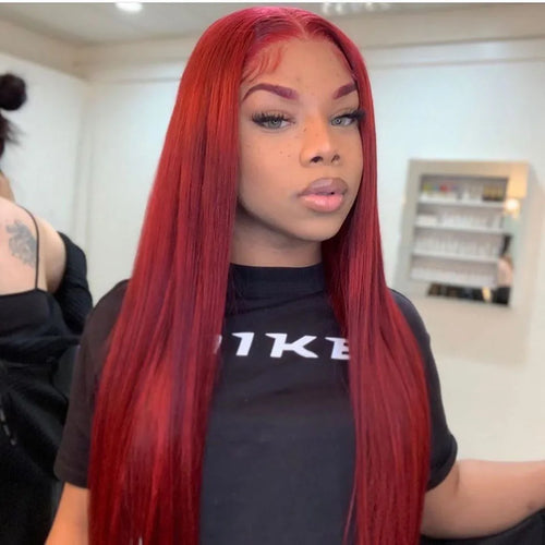 99J Red Burgundy Straight Lace Front Wig | 200% Density 13x4 13x6 HD Transparent Colored Human Hair Pre-Plucked