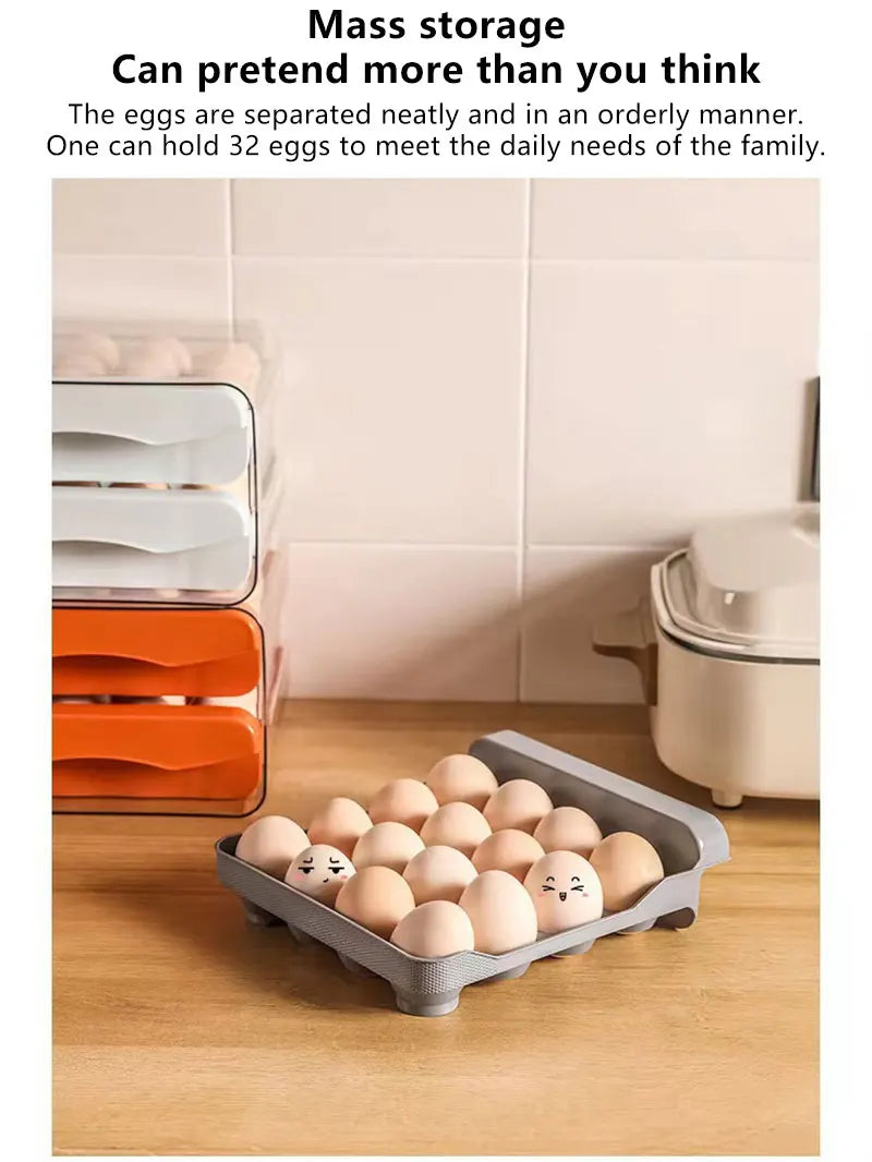 2-Layer Drawer Egg Storage Box – 32-Grid Fridge Egg Organizer, Dust-Proof & Stackable