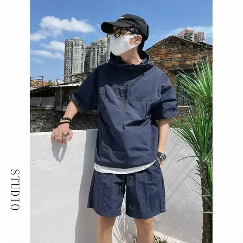 Men's Cargo Style Hooded T-Shirt & Shorts Set – Solid Loose Fashion Casual Sweatshirt Suit
