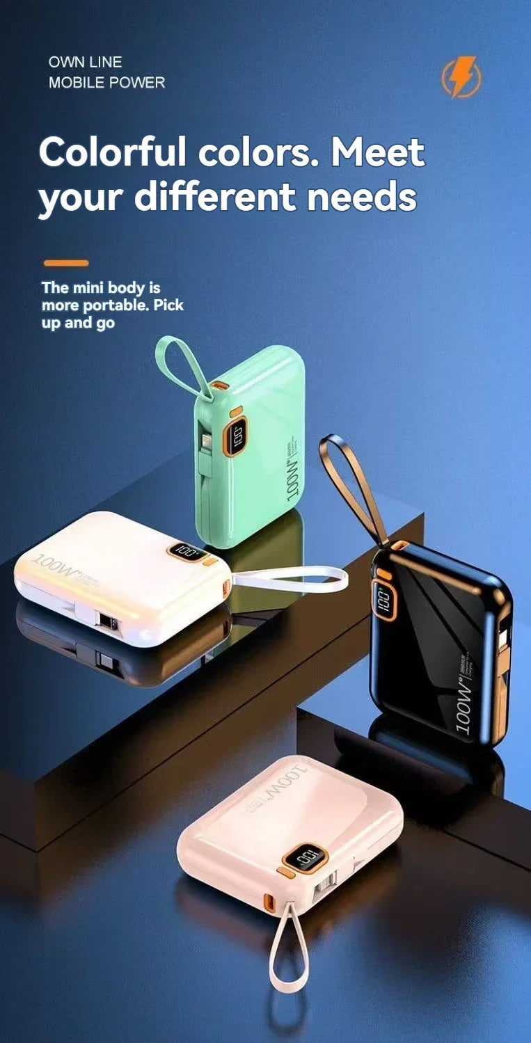 66W Portable Mini Power Bank 20000mAh – Built-in Cable, PD Fast Charging for iPhone & Android