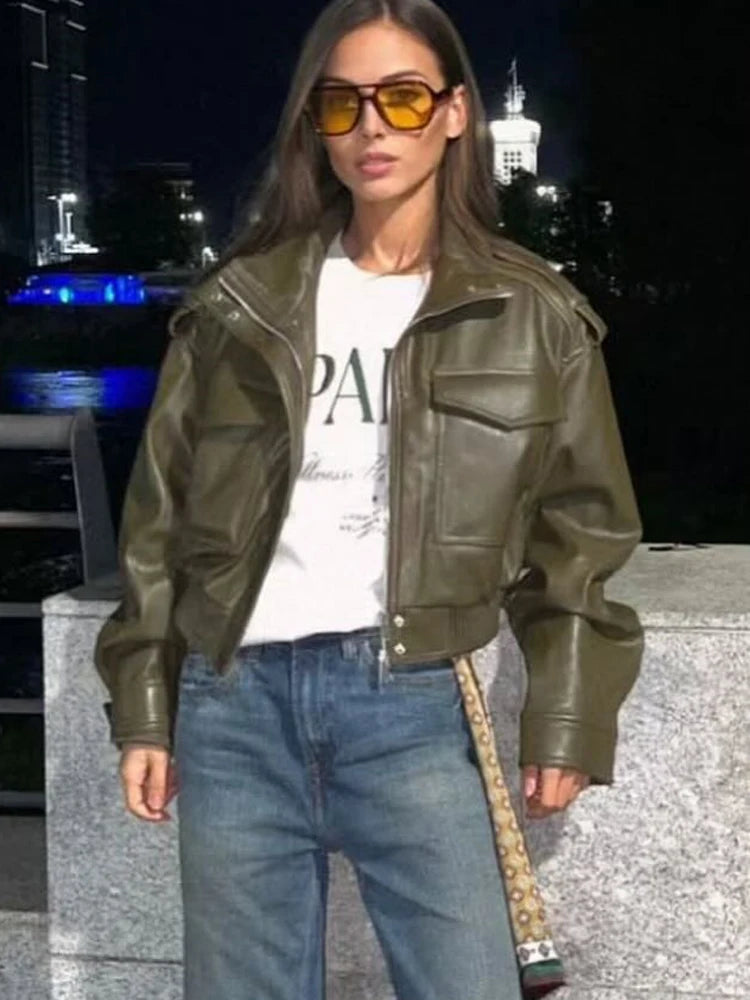 Women's Green Faux Leather Jacket – Zip-Front Streetwear