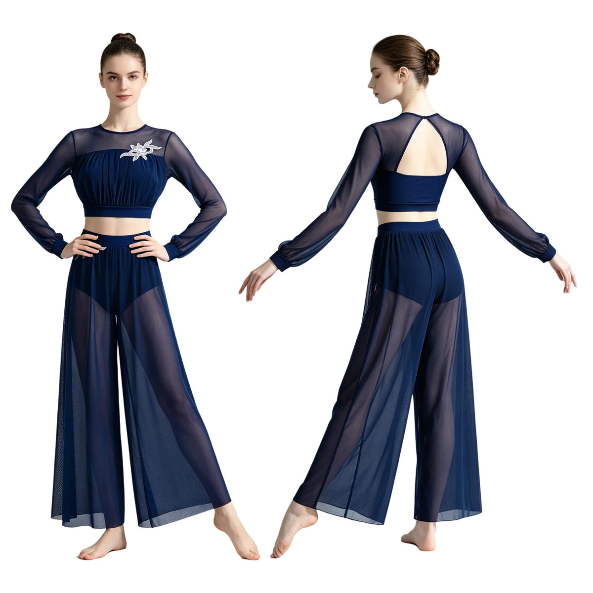 Women's Dance Performance Costume – Shiny Crop Top & Sheer Pants for Skating, Gymnastics & Ballet