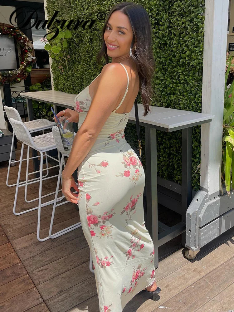 Sexy Y2K Floral Print Sleeveless Backless Bodycon Maxi Dress – Club Birthday & Party Dress