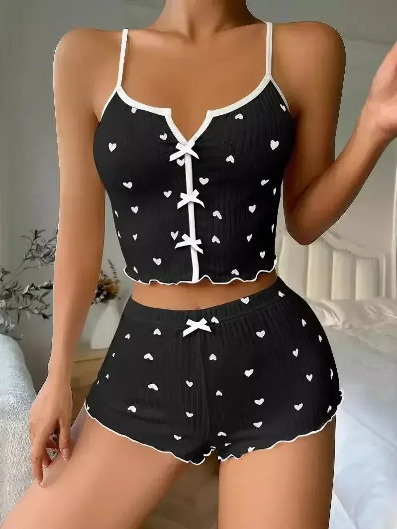 Heart Print Frill Trim Cami & Shorts Pajama Set — Cute Loungewear