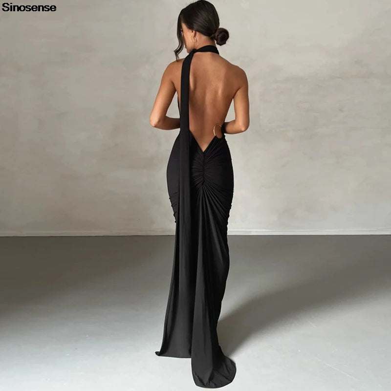 Backless Ruched Slim Bodycon Maxi Dress — Elegant Formal Wedding Guest Evening Dress