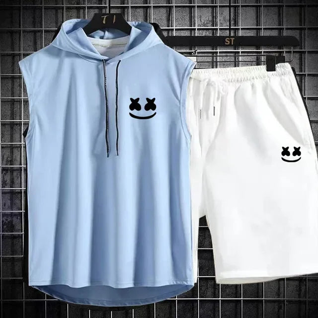 Men's Short Sleeve T-Shirt & Elastic Waist Shorts Casual Sport Set
