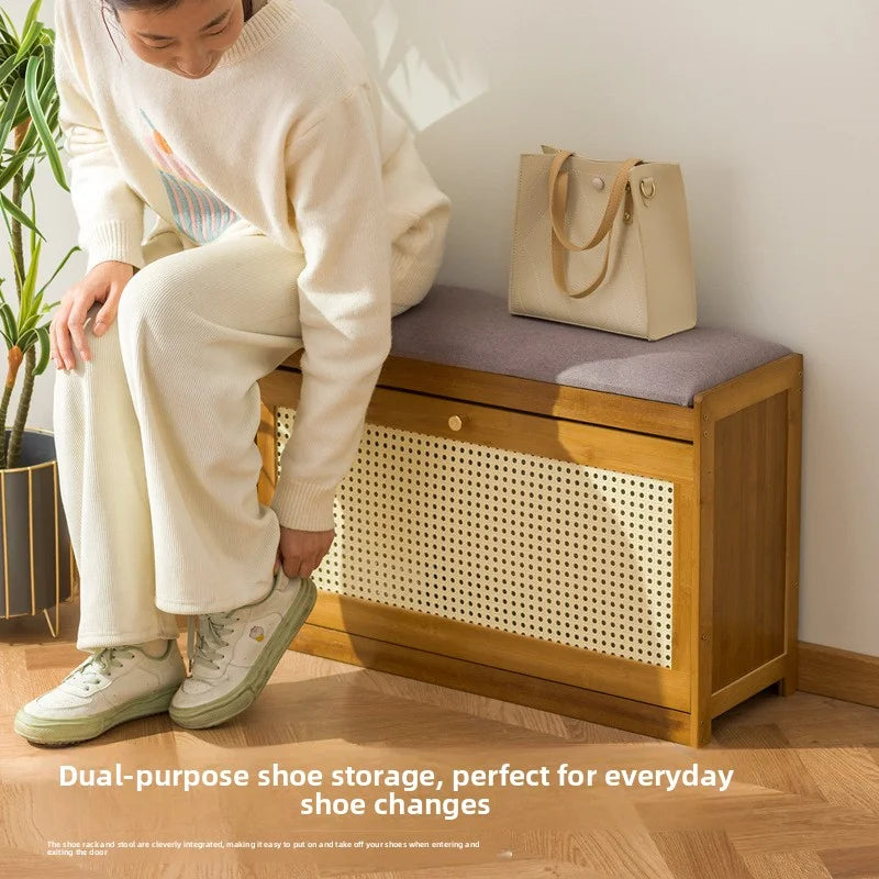 Bamboo & Wood Cushioned Shoe Stool — Entryway Bench
