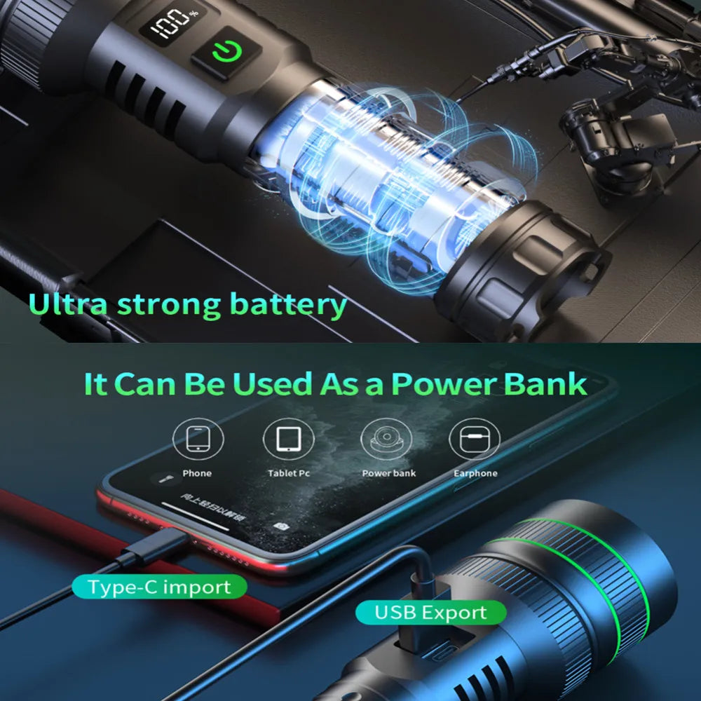 2500 Lumen Long Range LED Flashlight – IPX7 Waterproof, Type-C, 5 Modes, Power Bank Function