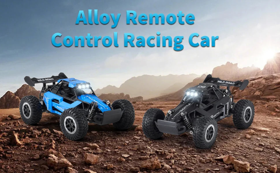Two alloy remote control racing cars on a desert landscape with text 'Alloy Remote Control Racing Car'.