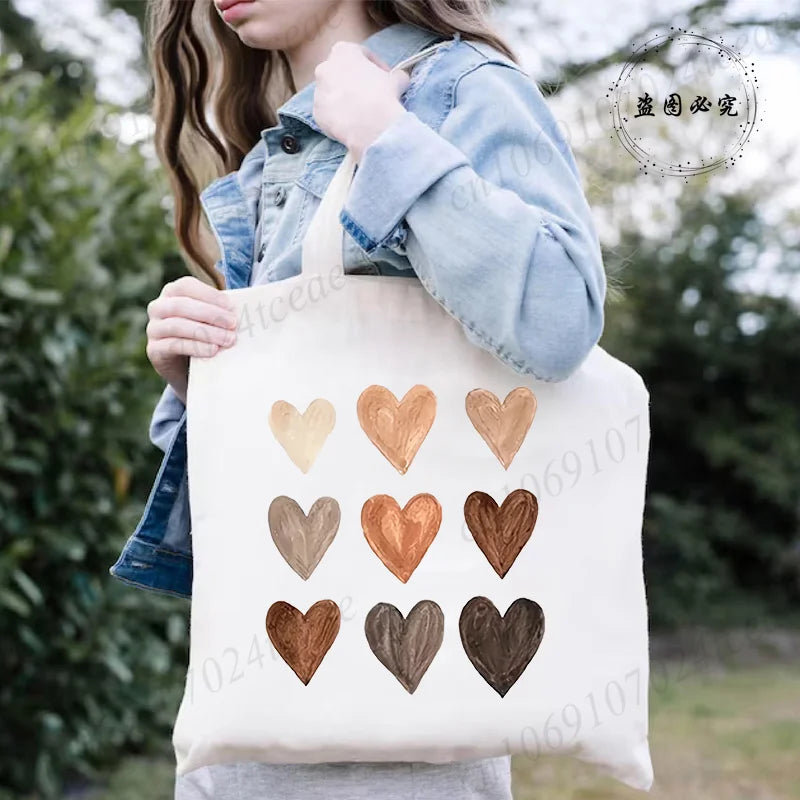 Large Capacity Canvas Shoulder Bag – Harajuku Watercolor Heart Print Shopper Tote
